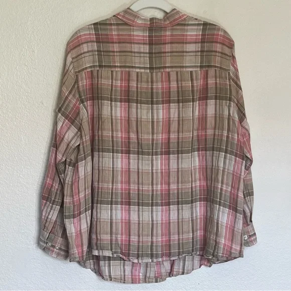 Lauren Ralph Lauren Pink Olive Plaid Linen Shirt – Size 2X Button-Up Top - Picture 2 of 9
